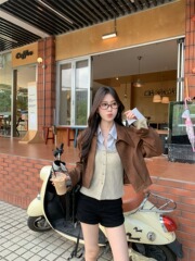 美拉德穿搭咖色翻领外套女早秋新款小个子短款高级感气质夹克