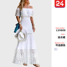 2025新款欧美外贸跨境独立站亚马逊时尚一字领拼接蕾丝连衣裙批发