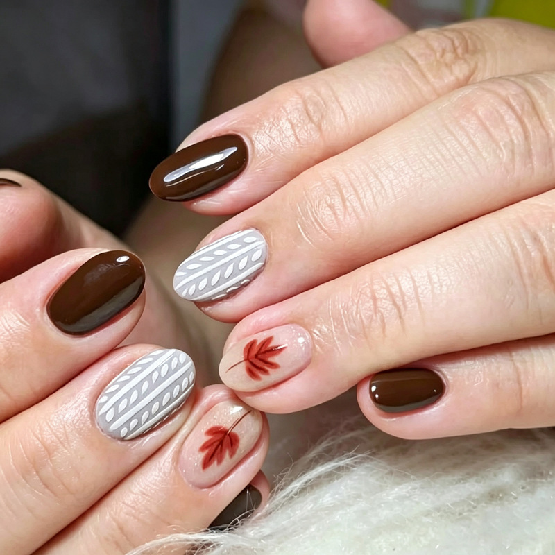 Autumn European and American popular brown maple leaf short oval press-on nails, exquisite nail art pieces, high-end solid color fake nails wholesale