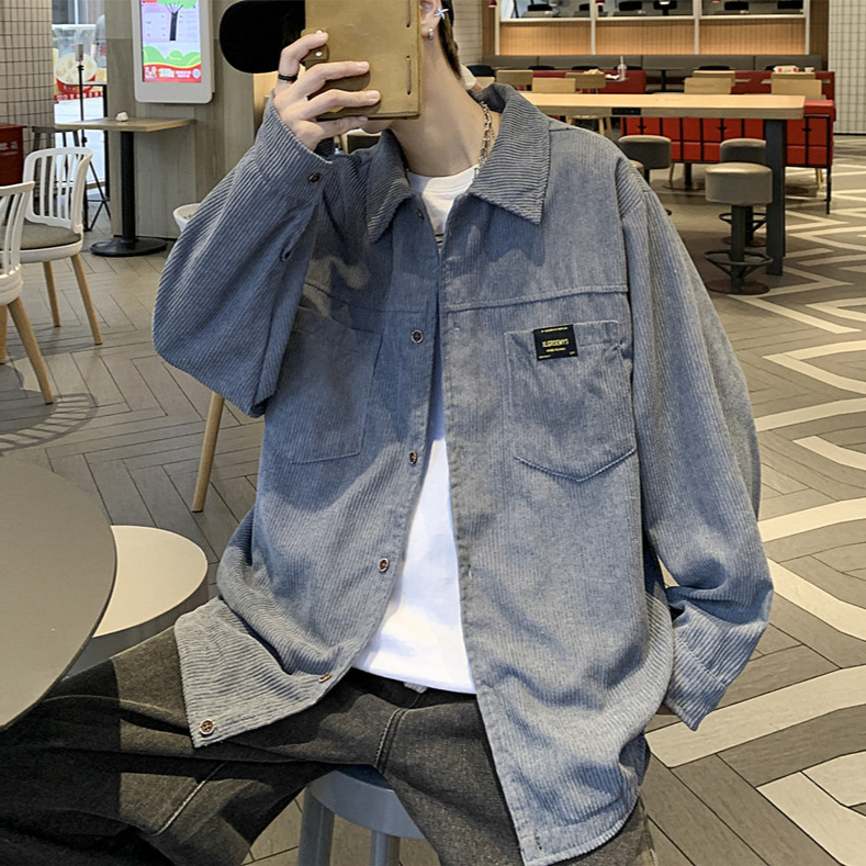 Nueva chaqueta de camisa de pana para hombres, primavera y otoño, marca de moda, estilo de Hong Kong, camisa de manga larga suelta y guapa, ropa para niños