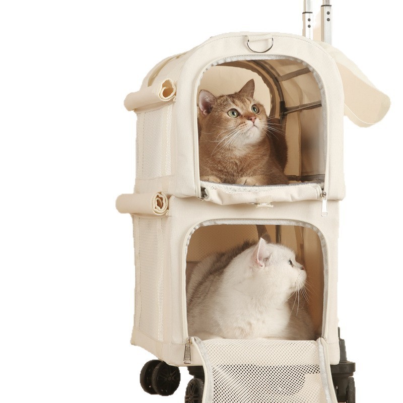 ペットトロリーボックス 二層 2匹用 猫お出かけバッグ 春夏 通気性 犬お出かけトロリーボックス 大容量 折りたたみ式|undefined