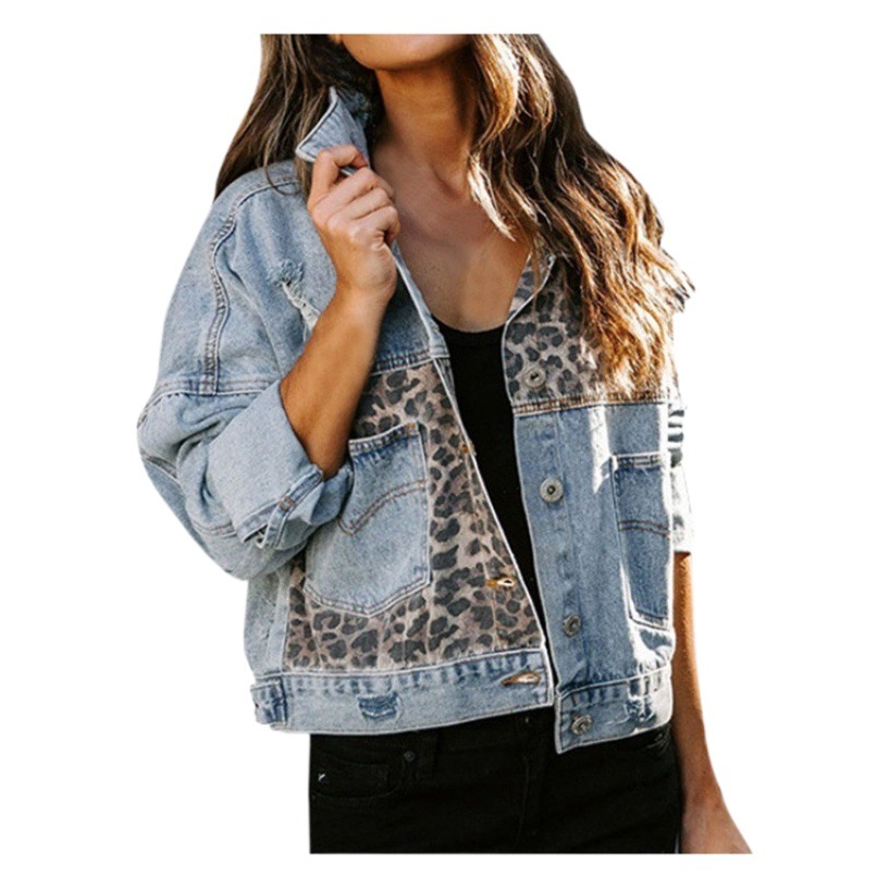 Chaqueta de Mezclilla con Estampado de Leopardo para Mujer de Poliéster con Botones para Otoño e Invierno