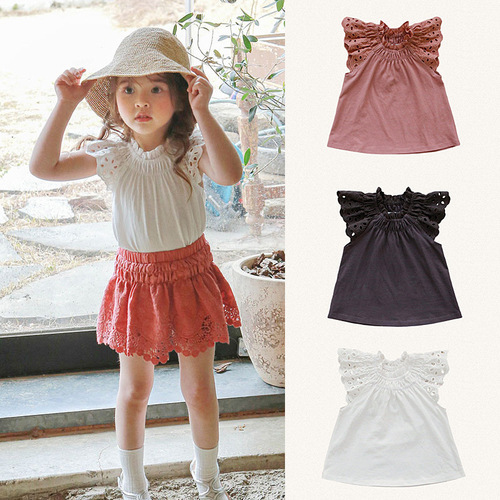 Summer 2025 Strawberry Sandy Korean Children's Clothing Girls' Solid Color Ladylike Lace Sleeve T-shirt Skin-friendly