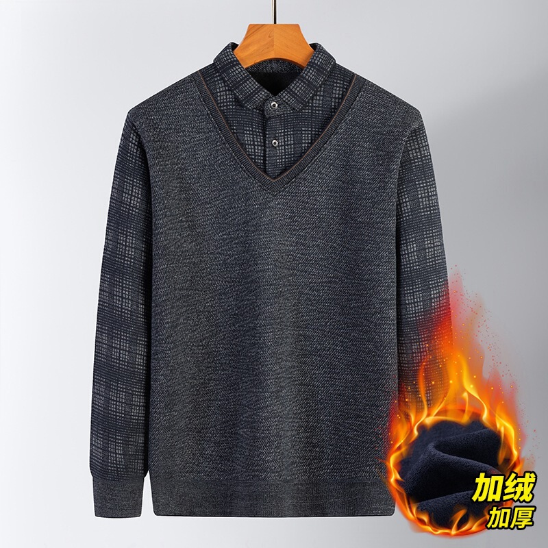 Dad's Sweater fleece-lined Thickened Warm Winter Wear Middle-aged Men's Fake Two-piece Long-sleeved Top Knitted Base Shirt Men's Wear