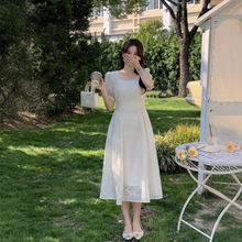 夏上新【流行街】意法法式温柔风气质收腰裙子方领泡泡袖连衣裙女