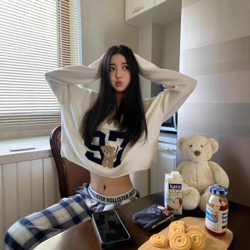 25 Korean Hollister Little Seagull Jacquard Digital Bear Short Knitted Sweater Lazy Loose V-Neck Sweater for Women