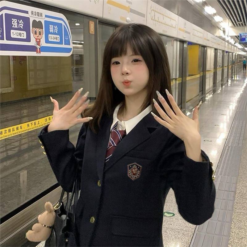 原创jk西装制服外套秋冬春秋黑色学院小个子套装西服校供上衣|undefined