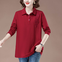 中长款polo领上衣女长袖大码中年妈妈春秋薄款宽松遮肚子纯棉t恤