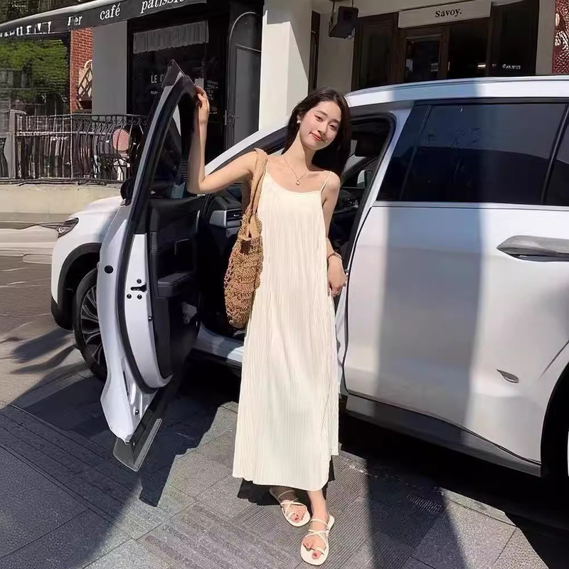 2025 Summer Elegant Solid Color Ruched Loose Casual Long Dress for Women, Lazy Style Slimming Spaghetti Strap Dress Versatile
