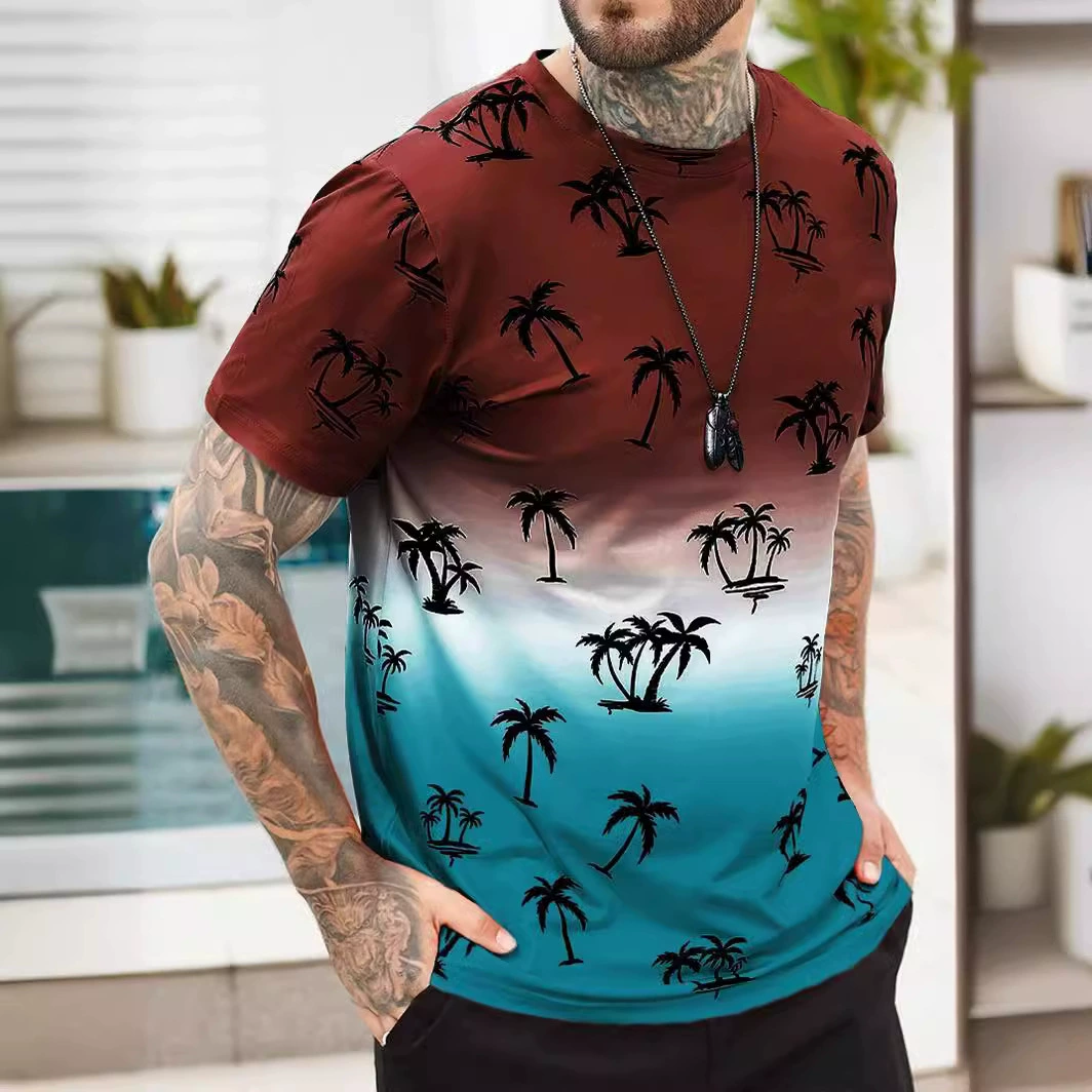 Лето 2025 года, горячая распродажа, новый градиентный кокосовый лес, мужской топ с короткими рукавами и круглым вырезом, цельный, можно настроить с изображениями Z