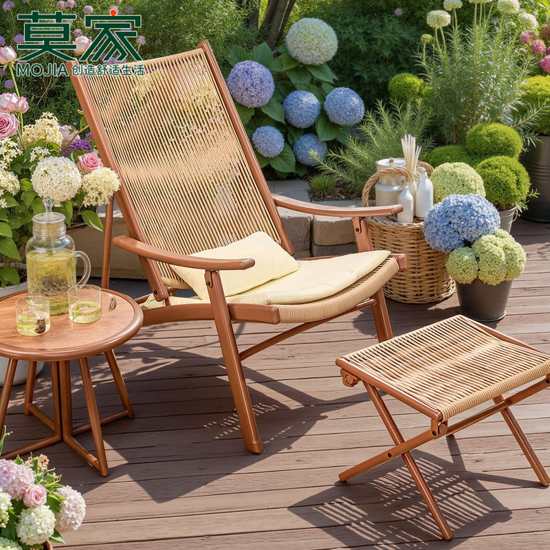 Mojia Outdoor Folding Lounge Chair Balcony Table and Chair Three-Piece Set Leisure Rattan Chair Nap Chair Reclining Bed Courtyard Lazy Rest Chair