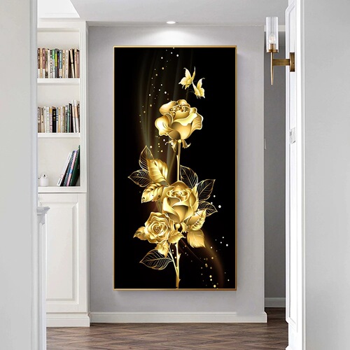 Golden Flowers Leaves Butterfly Home Decoration Painting Gold Foil Flower Living Room Porch Hanging Painting Unframed Painting Core Canvas Painting
