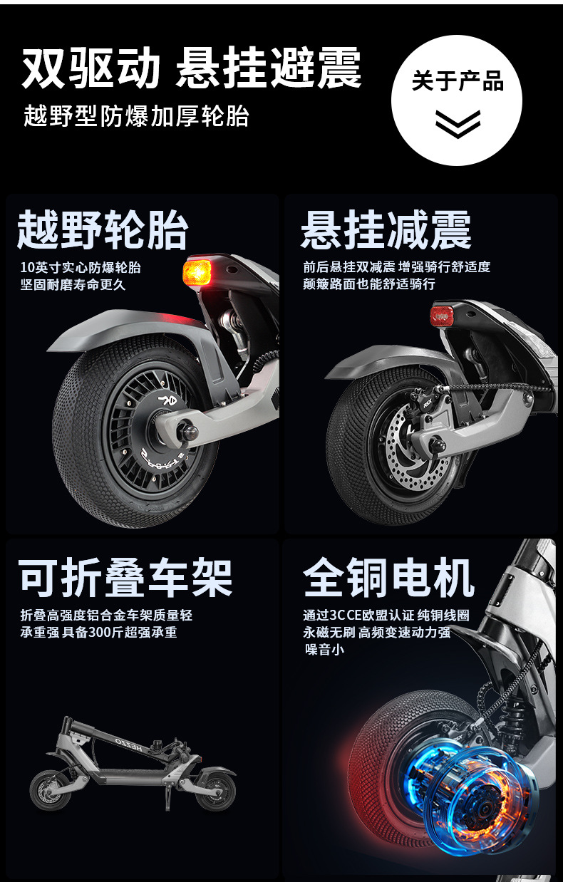 HEZZO manufacturers electric scooter 1600W dual drive motor 60V23AH outdoor off-road commuter foldable