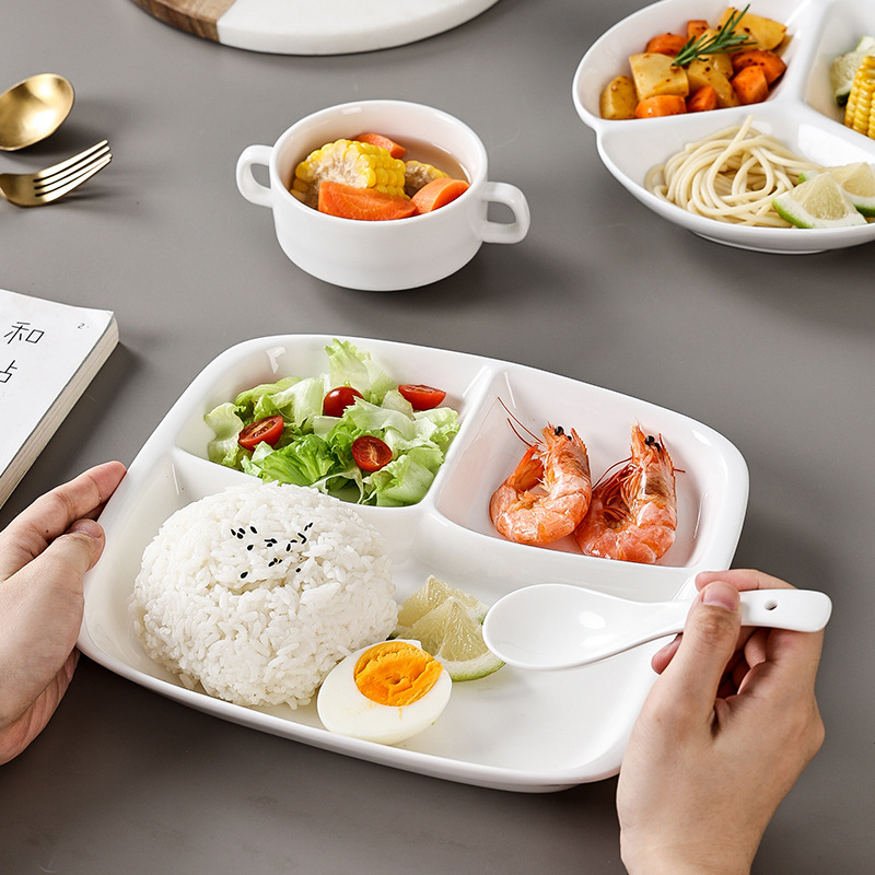 Casual One-Person Meal Tray Pure White Ceramic Three-Compartment Dish Plate Canteen Rice Plate Separated Plate Small Soup Bowl Set