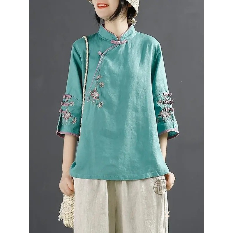 2026 Summer New Style Chinese Style Retro Cotton and Linen Shirt for Women, Chinese Style Stand-Up Collar Buttoned Top, Diagonal Placket Embroidered Tea Dress