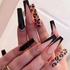 Long-heel ballet nail wearable nail wholesale finished nail beauty nail sheet foreign trade cross-border false nail sticker with leopard print mysterious drill version