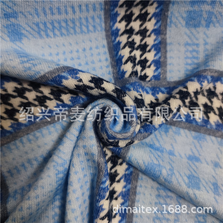 涤人棉粗针布千鸟格印花童装面料粗针磨毛布全涤磨毛布仿羊绒