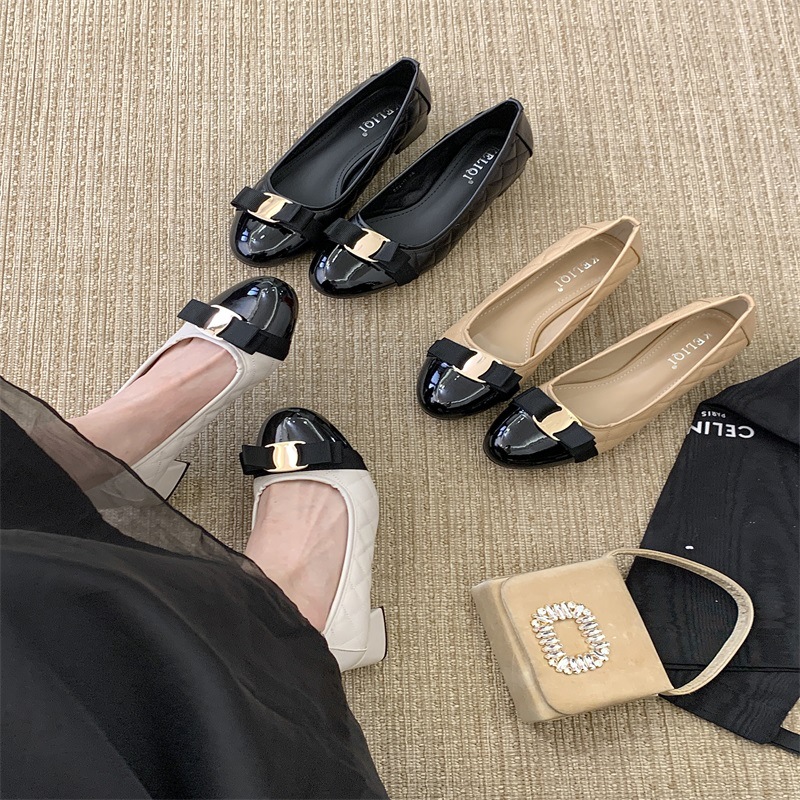 Elegant Style Chunky Heel Shallow Pumps for Women with Bowknot, Suitable for Work and Evening Wear, Gentle and Comfortable to Pair with Dresses, Genuine Leather Loafers