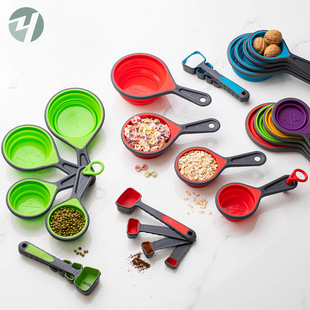 Plastic Collectable Measuring Cup Measuring Spoon Set 8-piece Set Folding Measuring Cup 4-piece Set with Scale Combination Baking Utensils
