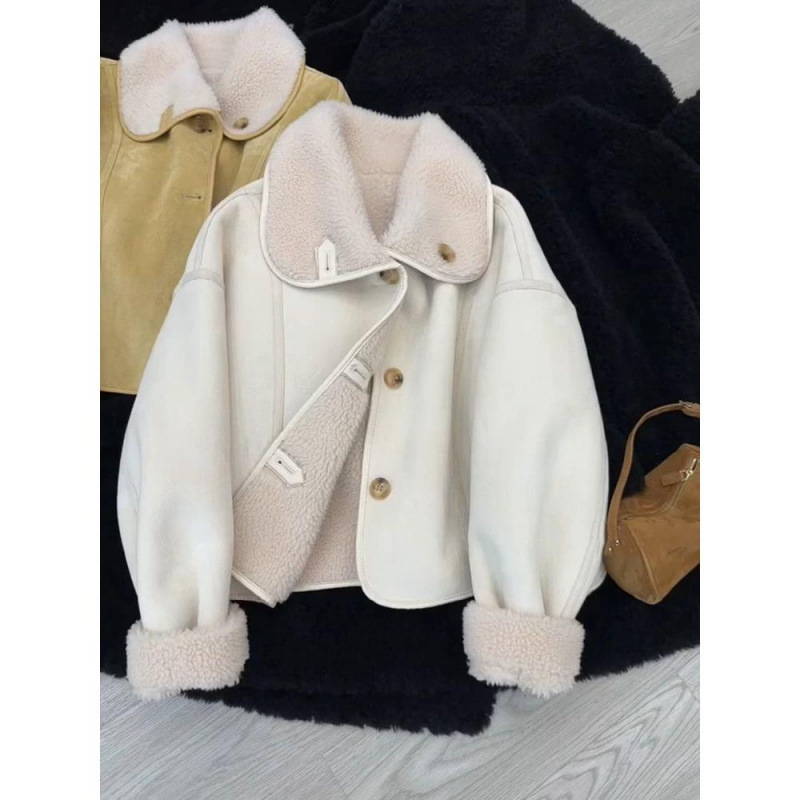 Fashionable and Unique Lazy Style Winter Style Petite Short Apricot Fur All-In-One Motorcycle Jacket for Women