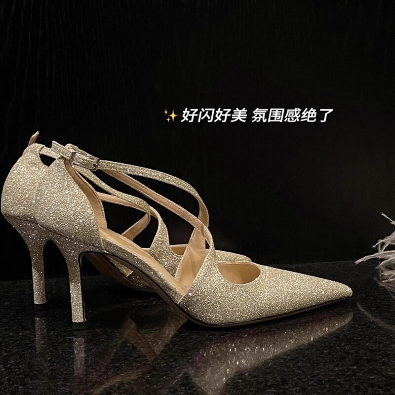 Ready in Stock ~ High Heels 8.5cm Super Beautiful Sparkling Cross-Strap Flats for Women Pointed Toe Buckle Toe Sandals for Women