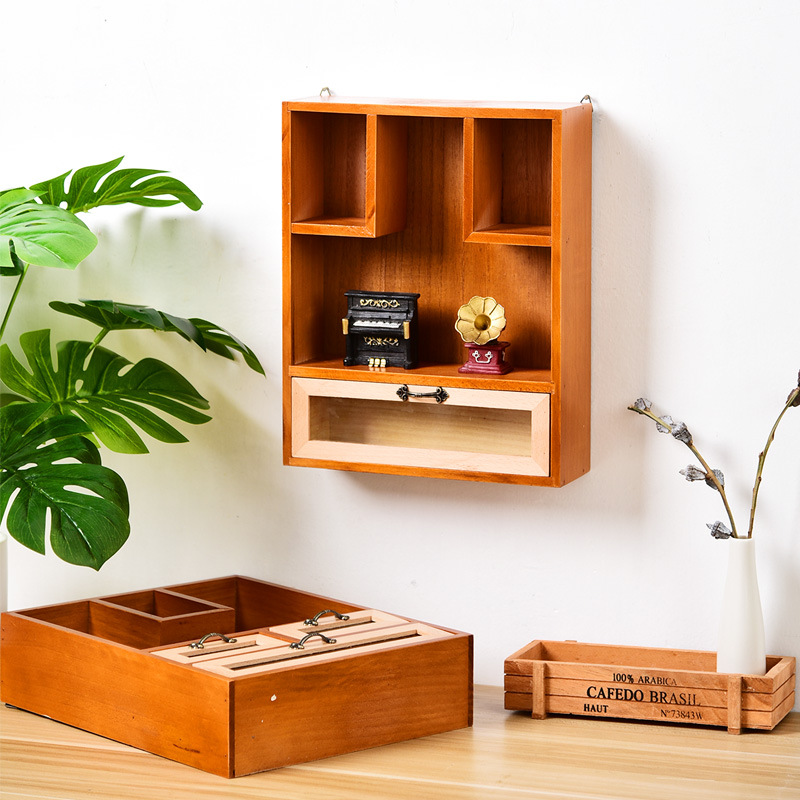 zakka杂货复古木质收纳柜 办公桌面电脑垫整理储物柜跨境货源批发