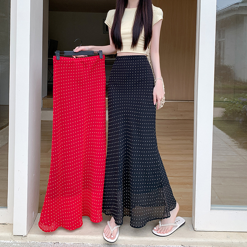 Summer red retro fitted shiffon long skirt