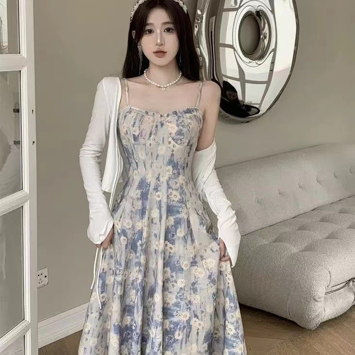 Plus Size French Blue Oil Painting Suspender Dress for Women Summer New High-End Waist Floral Long Skirt