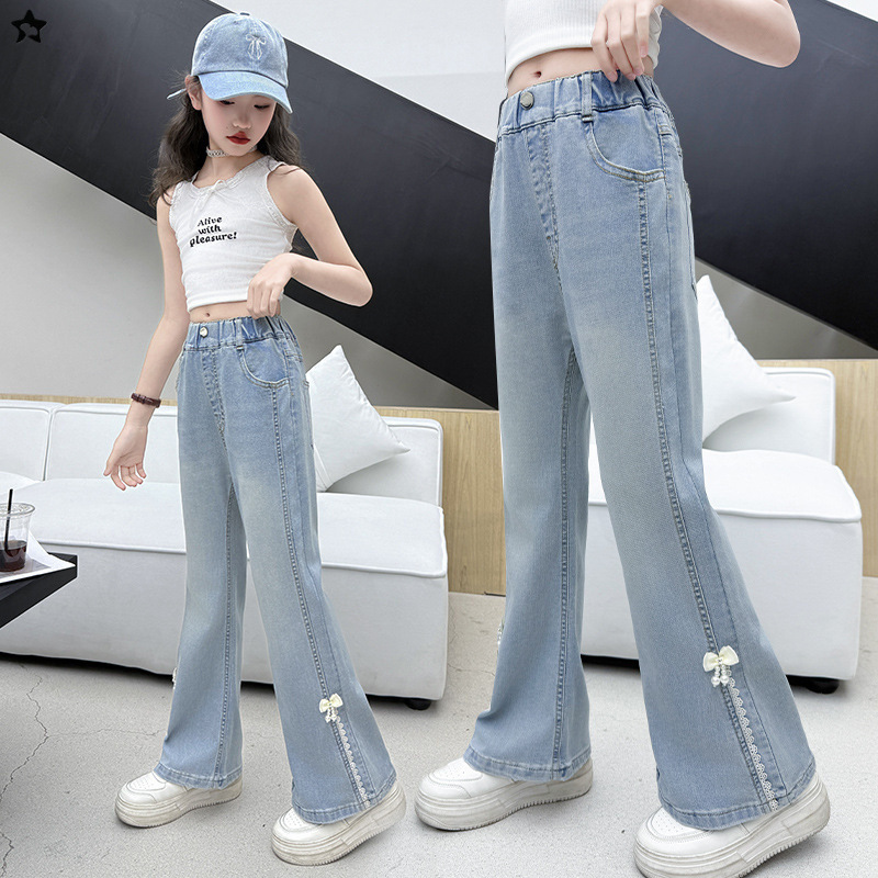 夏款女童天丝牛仔裤儿童新款弹力薄料外穿裤子中童夏季喇叭裤宽松