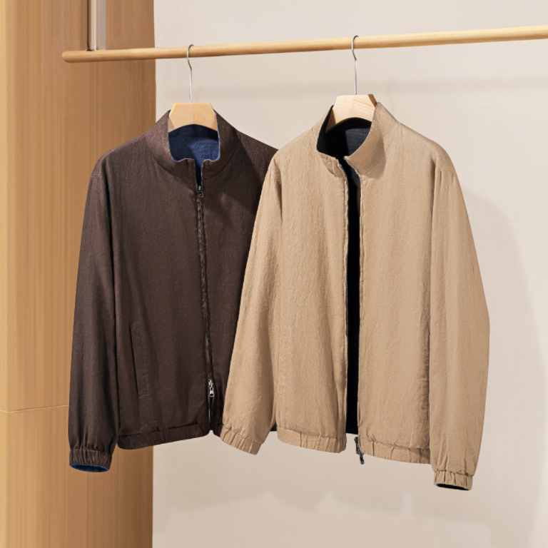 Lp Old Money Style Stand Collar Workwear Style Men's Jacket Spring and Autumn Trendy Pure Linen Zipper Reversible Men's Coat