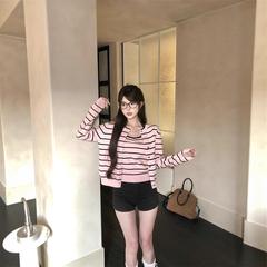 秋冬季新款时尚甜美减龄粉色针织条纹挂脖吊带背心开衫外套套装