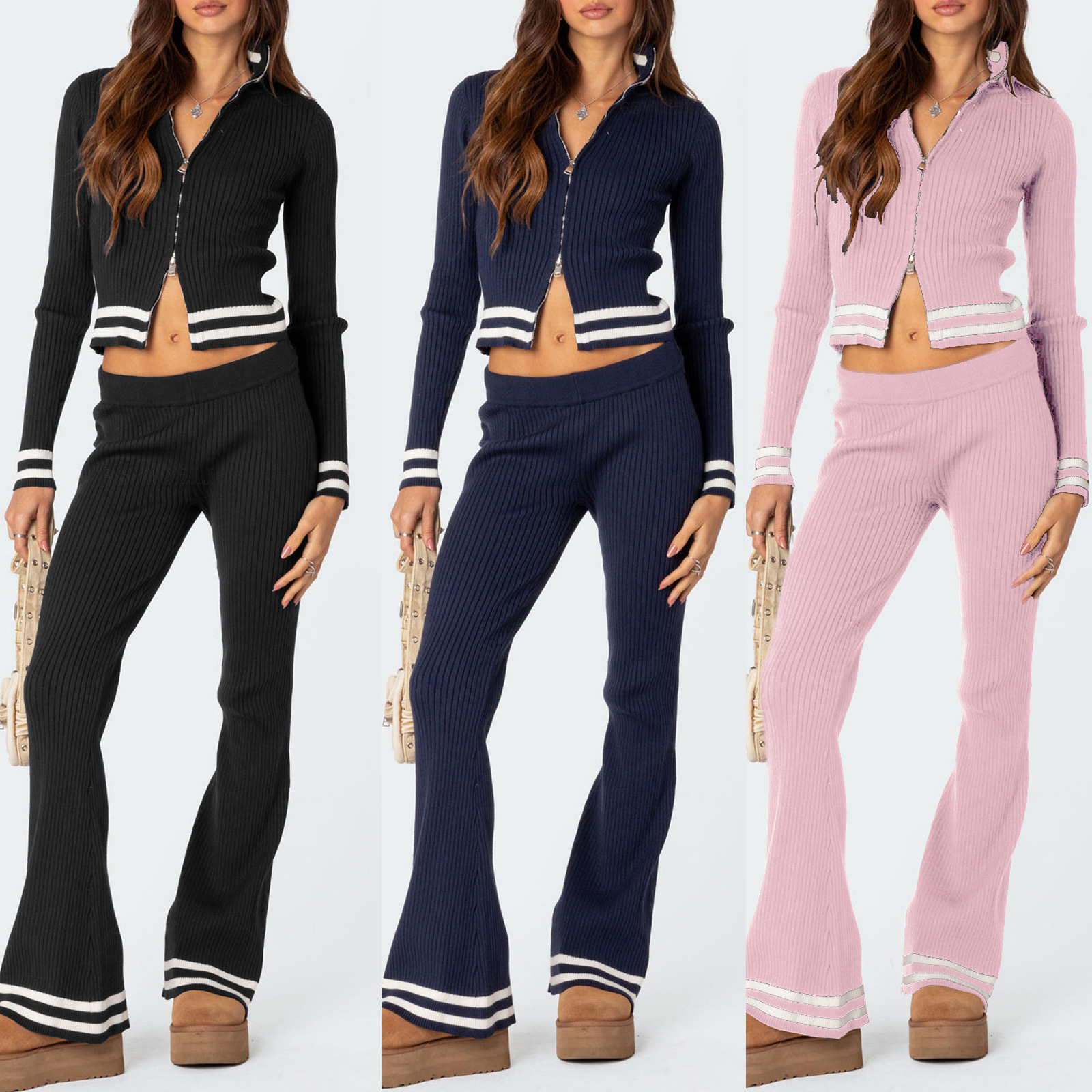 Set da donna casual e versatile con colletto rialzato slim fit top + pantaloni maglione casual in due pezzi_voghion.com