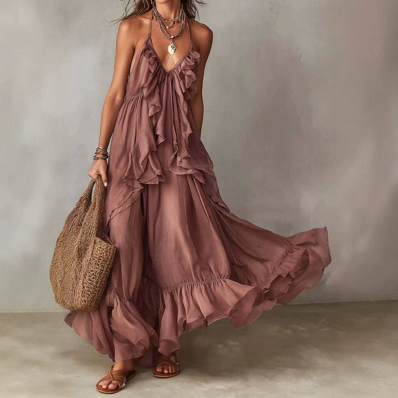 European and American Style Pleated Ruffle Strap Dress for Women, Summer Vacation Long Dress with Flowing, Irregular Design European and American Style Pleated Ruffle Strap Dress for Women, Summer Vacation Long Dress with Flowing, Irregular Design