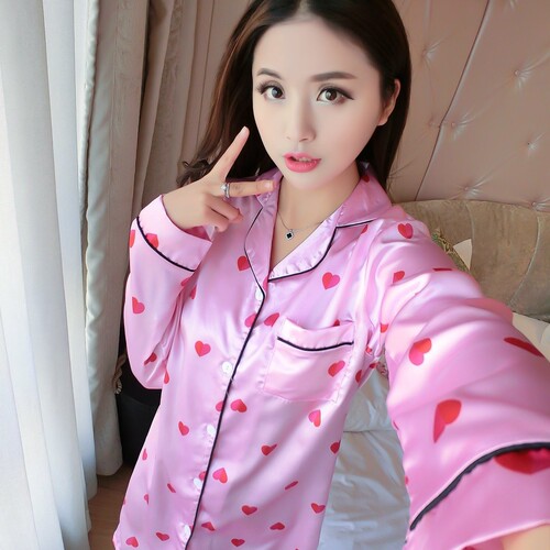Spring and Autumn Long Sleeve Simulated Silk Pajama Shirt Sleepwear Ice Silk Cardigan Home Wear Women's Style Silk New Medium Length