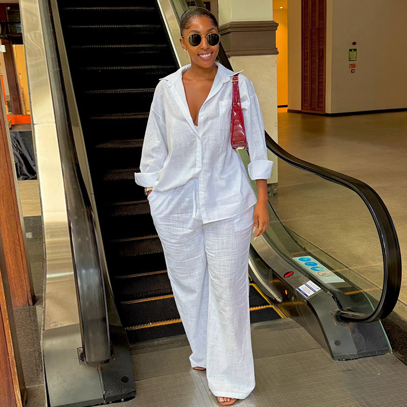 European and American Cross-Border Women's Clothing 2026 Summer New Fashion Lapel Loose White Long-Sleeve Shirt Wide-Leg Pants Set