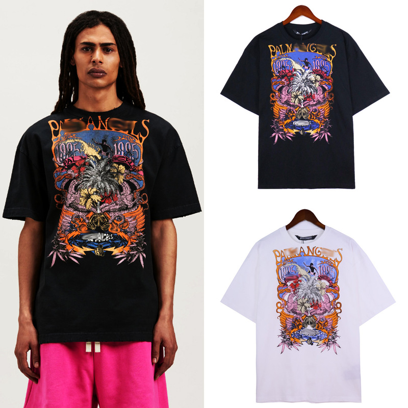 Real shot in stock PA Palm Angel front hand drawn comic graffiti pattern and orange letter printed short sleeve t-shirt