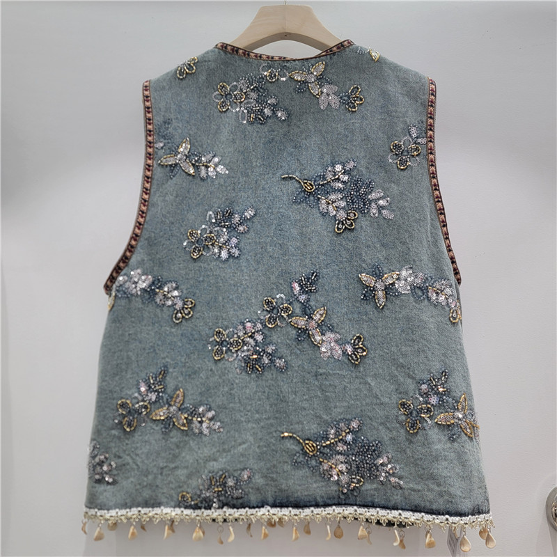 Bohemia conchas bordadas chaleco de vaquín mujer 2026 primavera y verano industria pesada bordada sequilla retro clip de hombro de viento image 2
