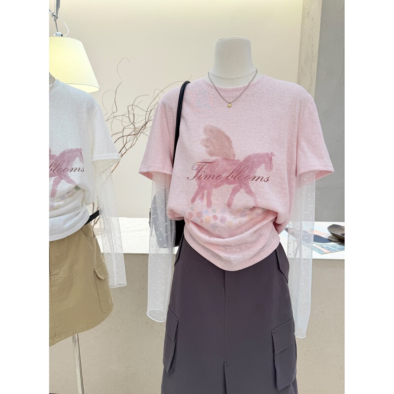 Original Snowflake Cotton Sorona Collar Plus-Size T-Shirt for Women, Spring and Summer Mesh Patchwork Sun Protection Casual Top