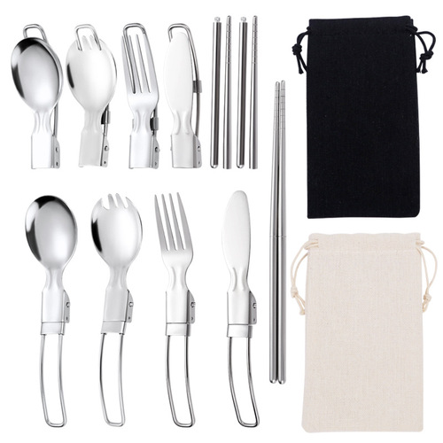 304 stainless steel folding tableware set, folding knife, fork and spoon, detachable chopsticks, cross-border outdoor portable tableware bag