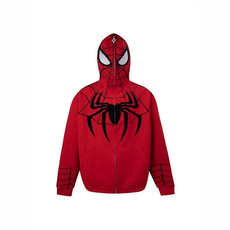 Spider-Man full-face zipper hoodie, spring/autumn, red spiderweb print, anime-style, trendy, unisex, loose-fitting cardigan