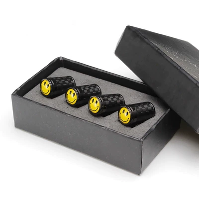 Tire Valve Cap High-End Modification, valve - carbon-fiber-titanium-black-smiley-face-4-pieces