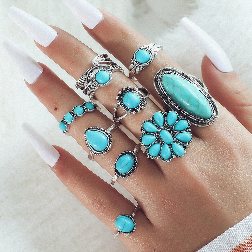 Exaggerated Ethnic Style Cool Style Leaf Round Snake Alloy Plating Inlay Turquoise Women's Rings display picture 11