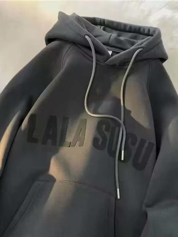 Letra japonesa impresión fleece-forrado con capucha suéter de los hombres de la marca de moda suelta estilo perezoso todo partido pareja abrigo