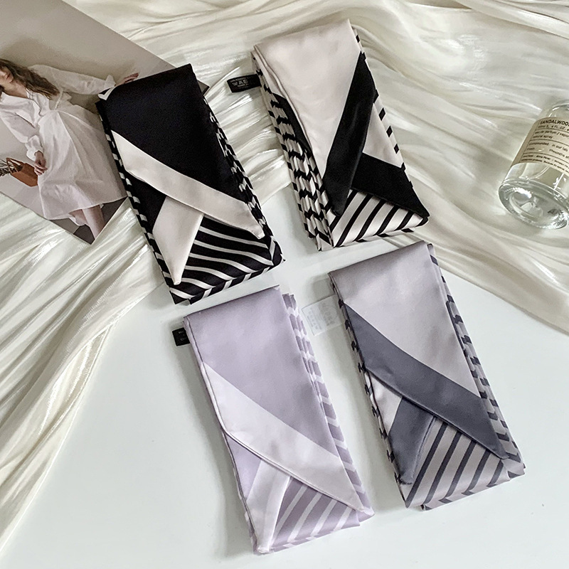 Pañuelo de seda de satén Pañuelo de seda de tira larga para mujer, nuevo estilo de verano, bolso atado, cinta, todo fósforo, bufanda pequeña, pañuelo para el cabello, cinturón para el cabello