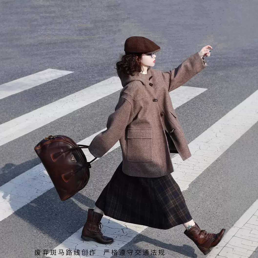 冬季可爱双面羊毛大衣牛角扣学院风格子连帽小个子棕色毛呢外套女