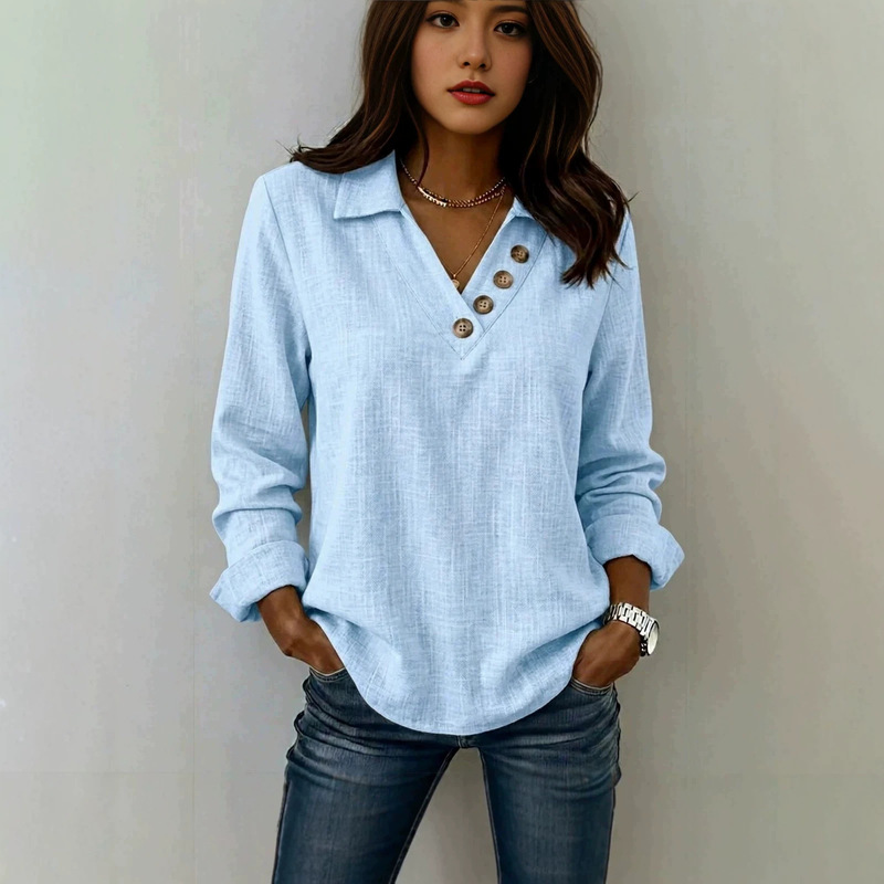 shein2026 women's new top, loose V-neck, buttoned patchwork, long-sleeve T-shirt, casual and suitable for commuting, solid color outerwear shein2026 women's new top, loose V-neck, buttoned patchwork, long-sleeve T-shirt, casual and suitable for commuting, solid color outerwear