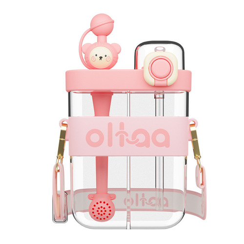 Large-capacity divided warehouse double drinking cup cartoon cute plastic cup creative student water cup portable kettle with straw cup