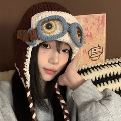 韩版可爱潮流飞行员针织帽子女秋冬搞怪保暖护耳雷锋帽百搭毛线帽