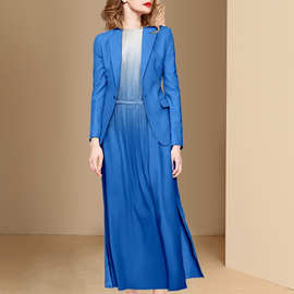 迪菲丽格春装2022年新款休闲西装套装女气质蓝色法式连衣裙两件套