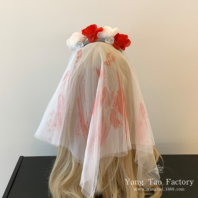 Bloody Bride Oscuro Rojo Flores Cabello Bandera Blanco Mesh Headband Halloween Ghost Cos Bride Accessories Cabello